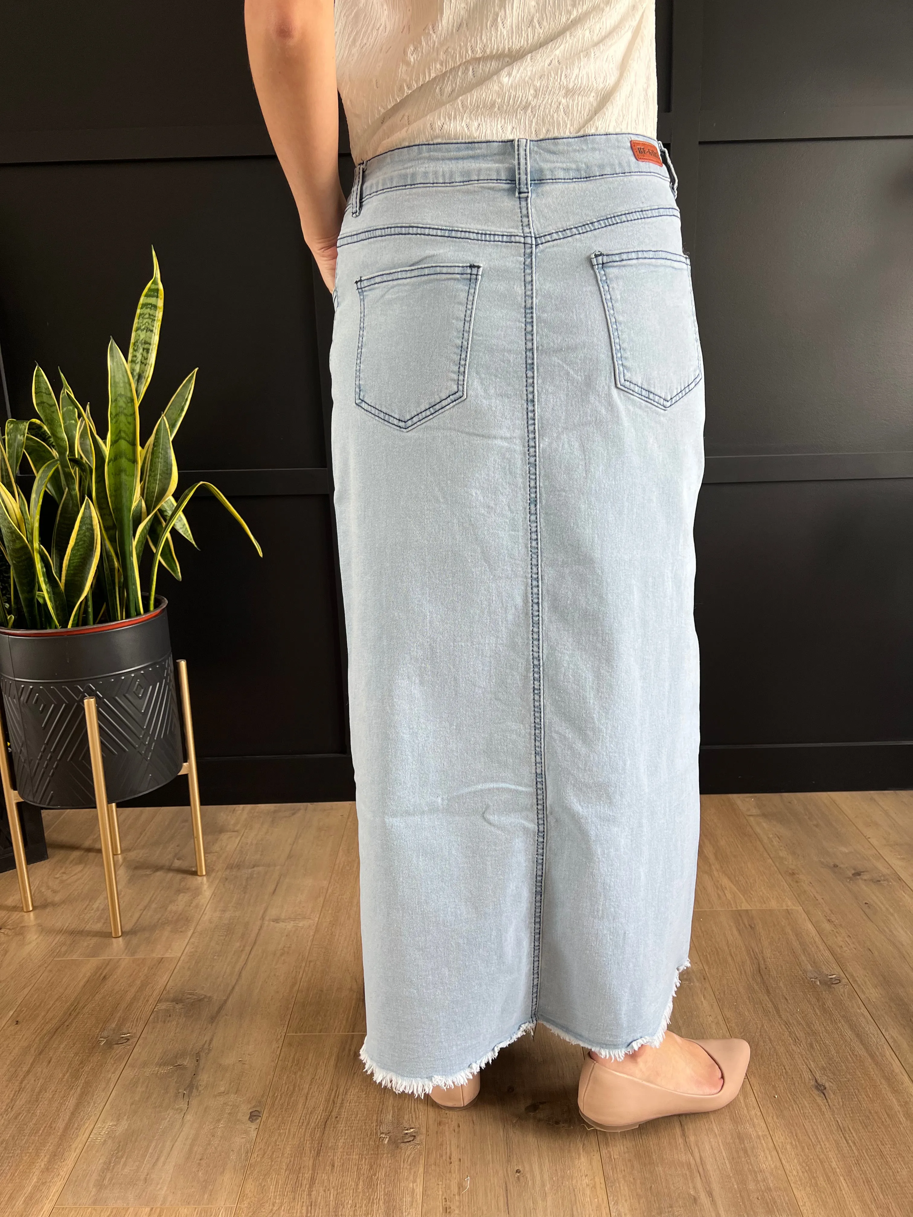 "Gianna" Long Denim Skirt in Light Indigo