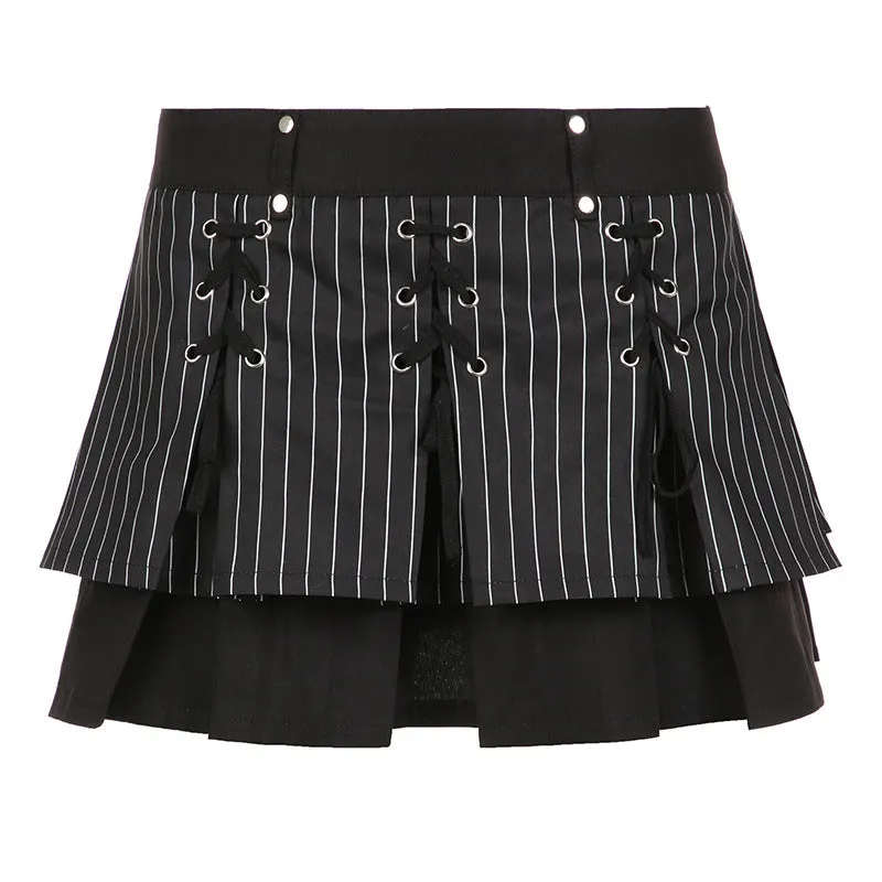 Retro Tie-Waist Pleated Low Waist Mini Skirt