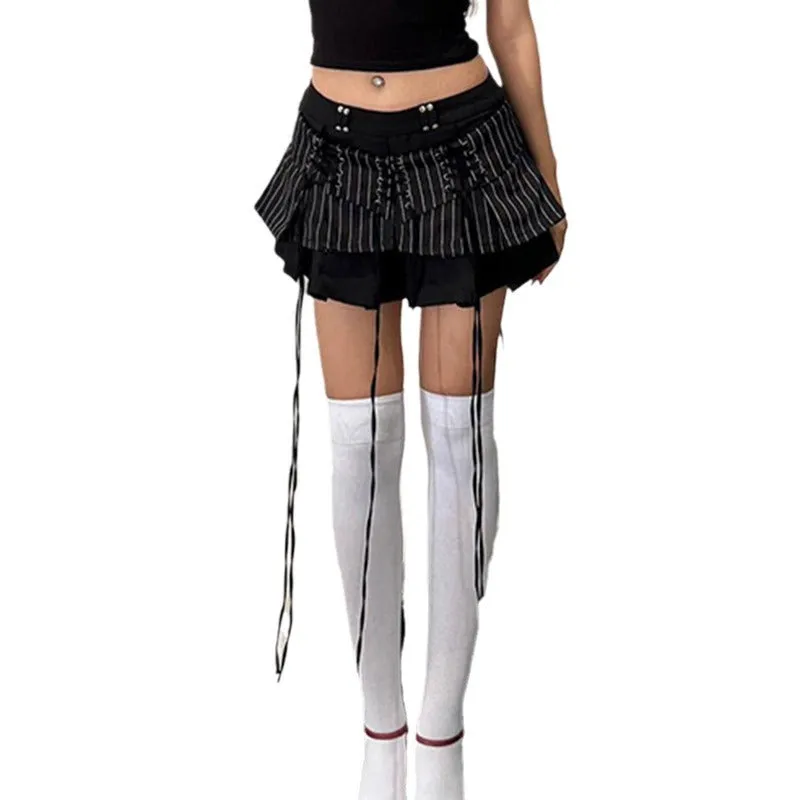 Retro Tie-Waist Pleated Low Waist Mini Skirt