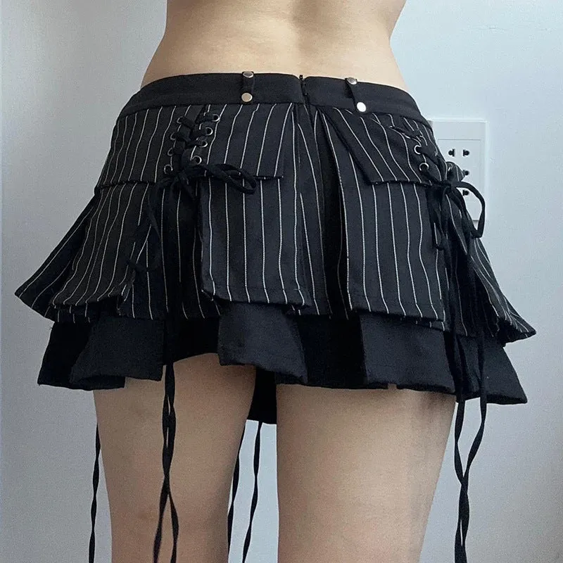 Retro Tie-Waist Pleated Low Waist Mini Skirt
