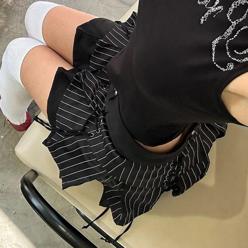 Retro Tie-Waist Pleated Low Waist Mini Skirt