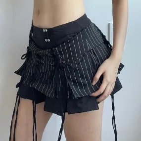 Retro Tie-Waist Pleated Low Waist Mini Skirt