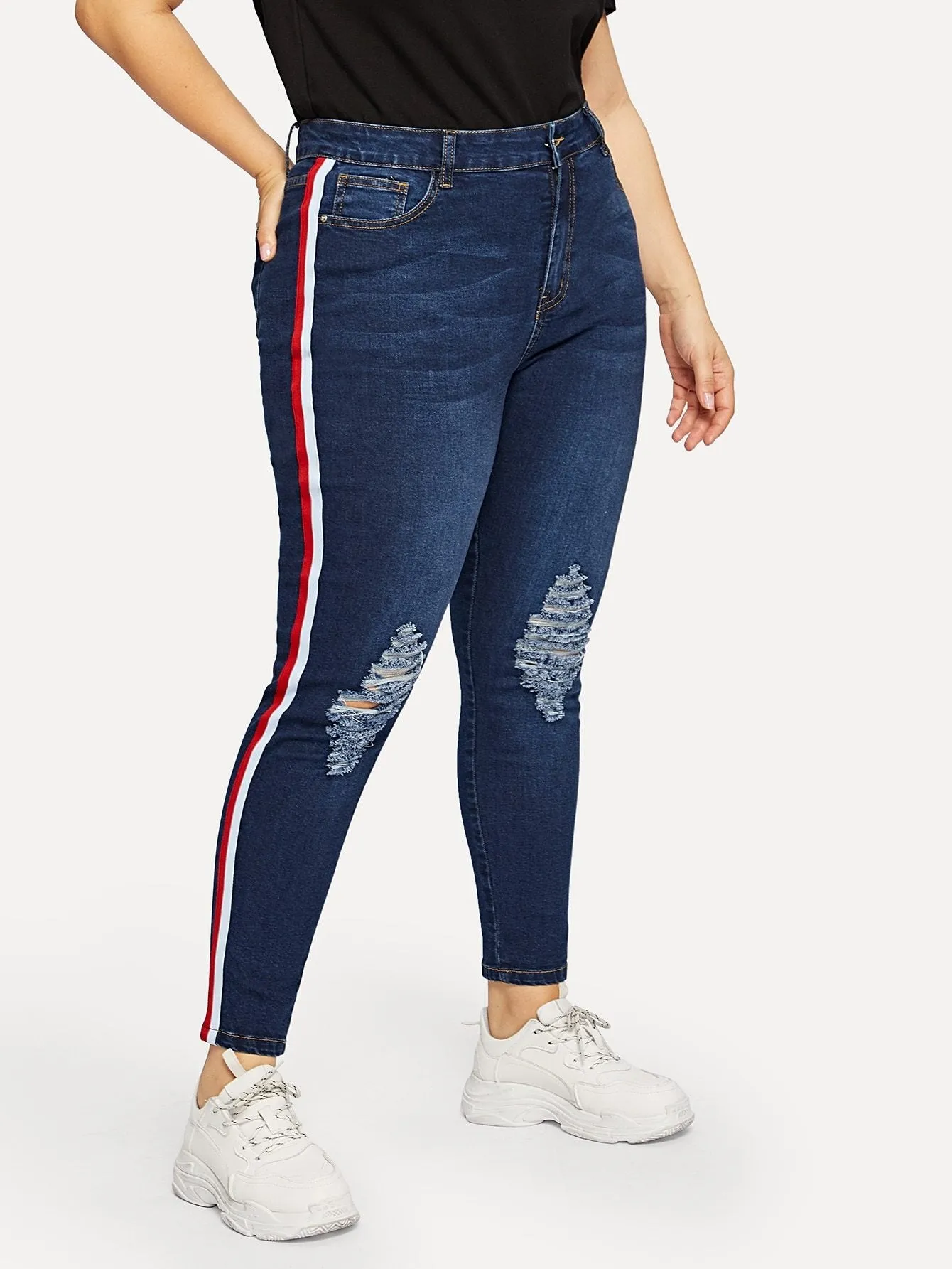 SHEIN Plus Stripe Side Ripped Jeans