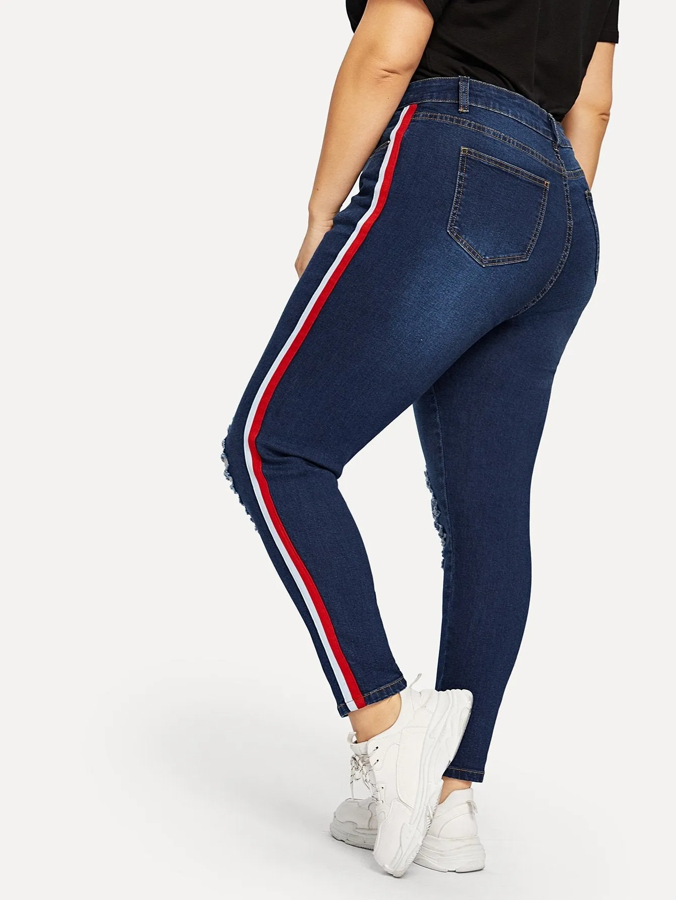 SHEIN Plus Stripe Side Ripped Jeans