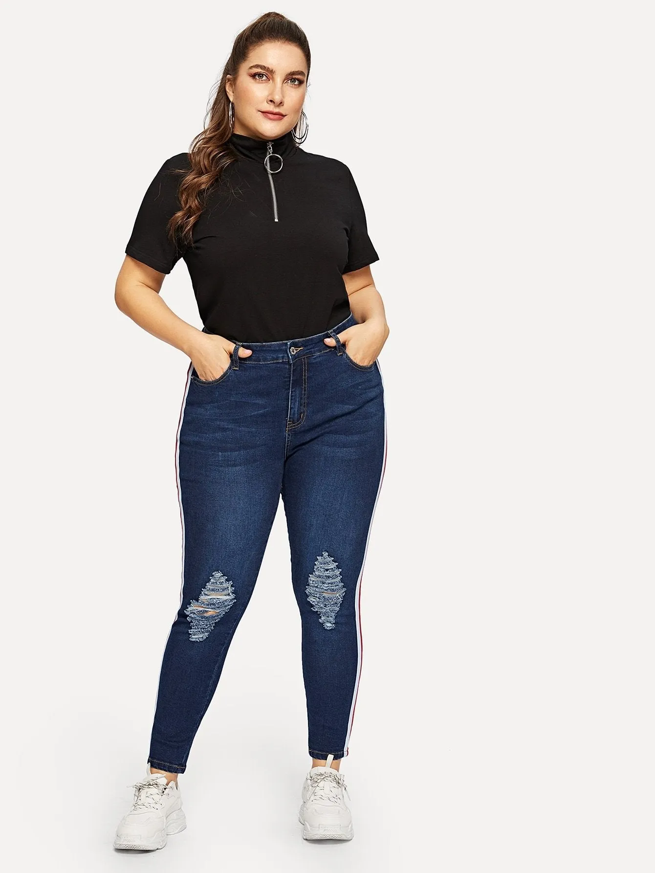 SHEIN Plus Stripe Side Ripped Jeans