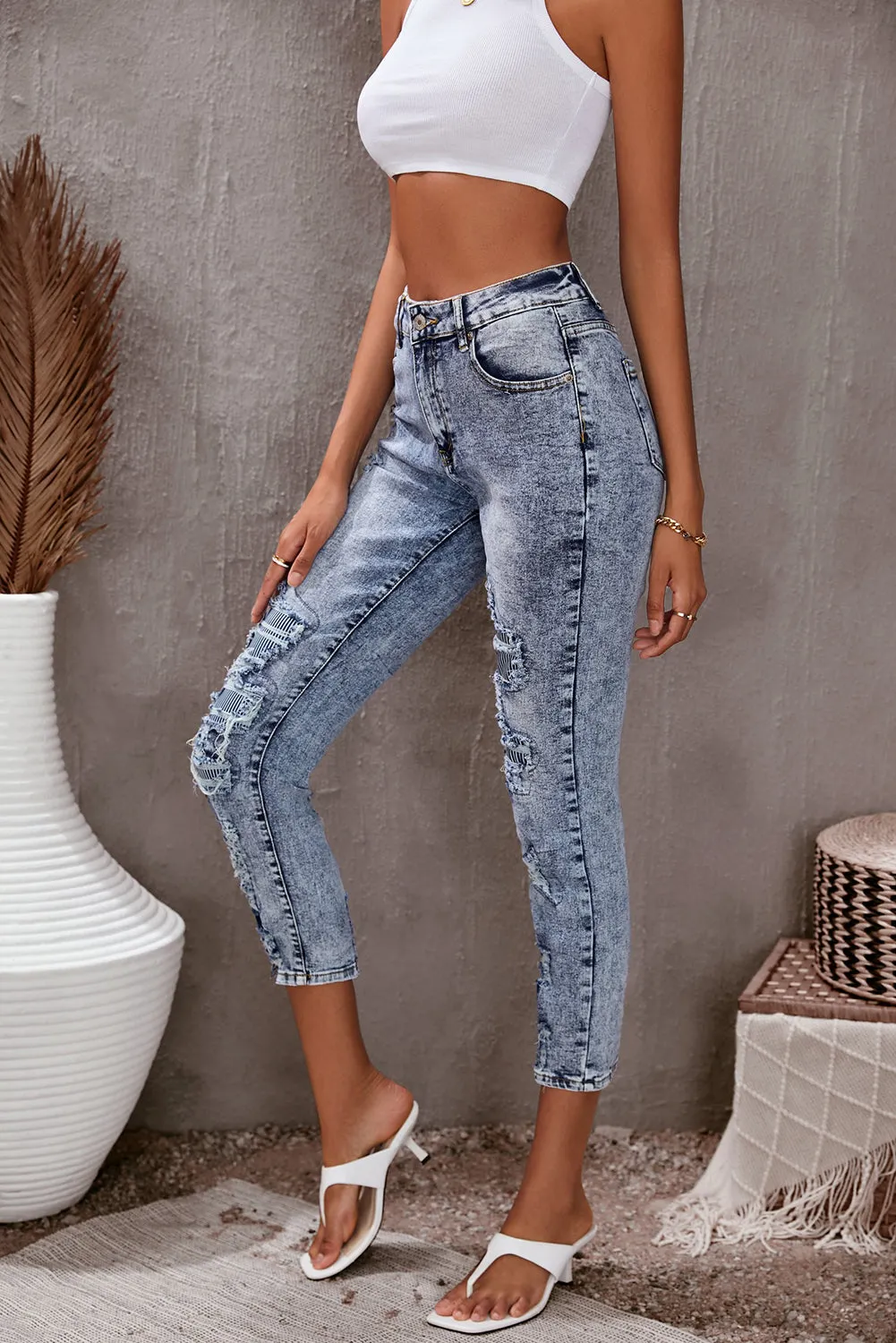 Sky Blue Striped Patchwork Distressed Slim-fit Jeans