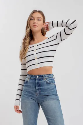 STRIPE SWEATER BUTTON DOWN KNIT CROP TOP