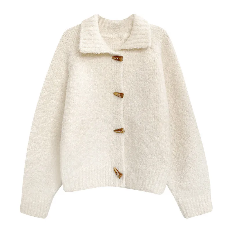 Sweater Coat For Women Retro Horn Button Solid Color