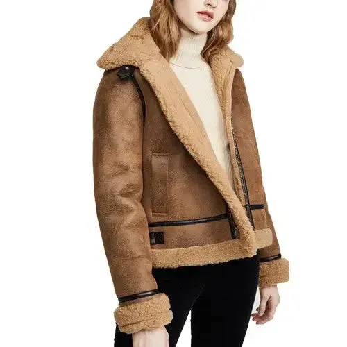 Women's Brown B3 Bomber Shearling Leather Jacket – Classic & Warm