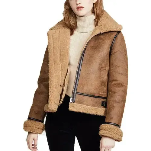Women's Brown B3 Bomber Shearling Leather Jacket – Classic & Warm