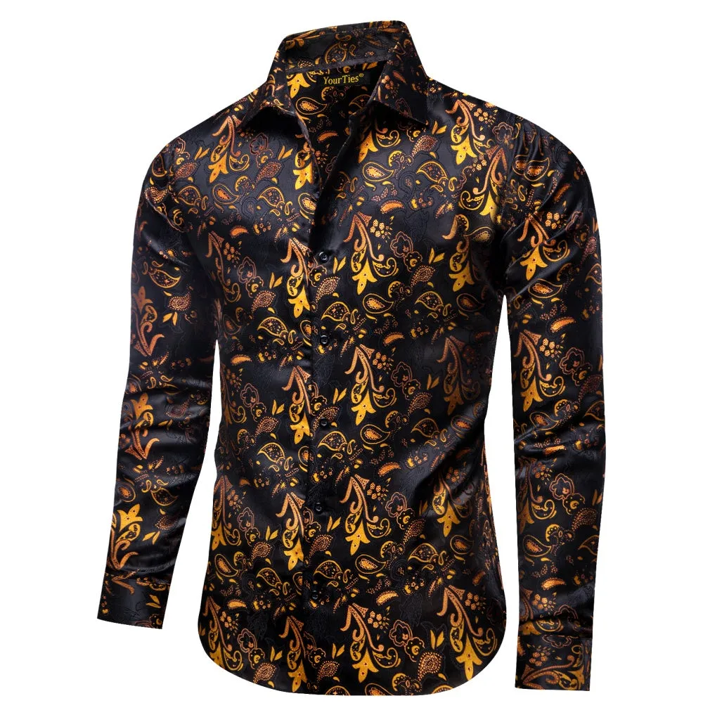 YourTies Black Shirt Orange Jacquard Paisley Shirt Men's Silk Top